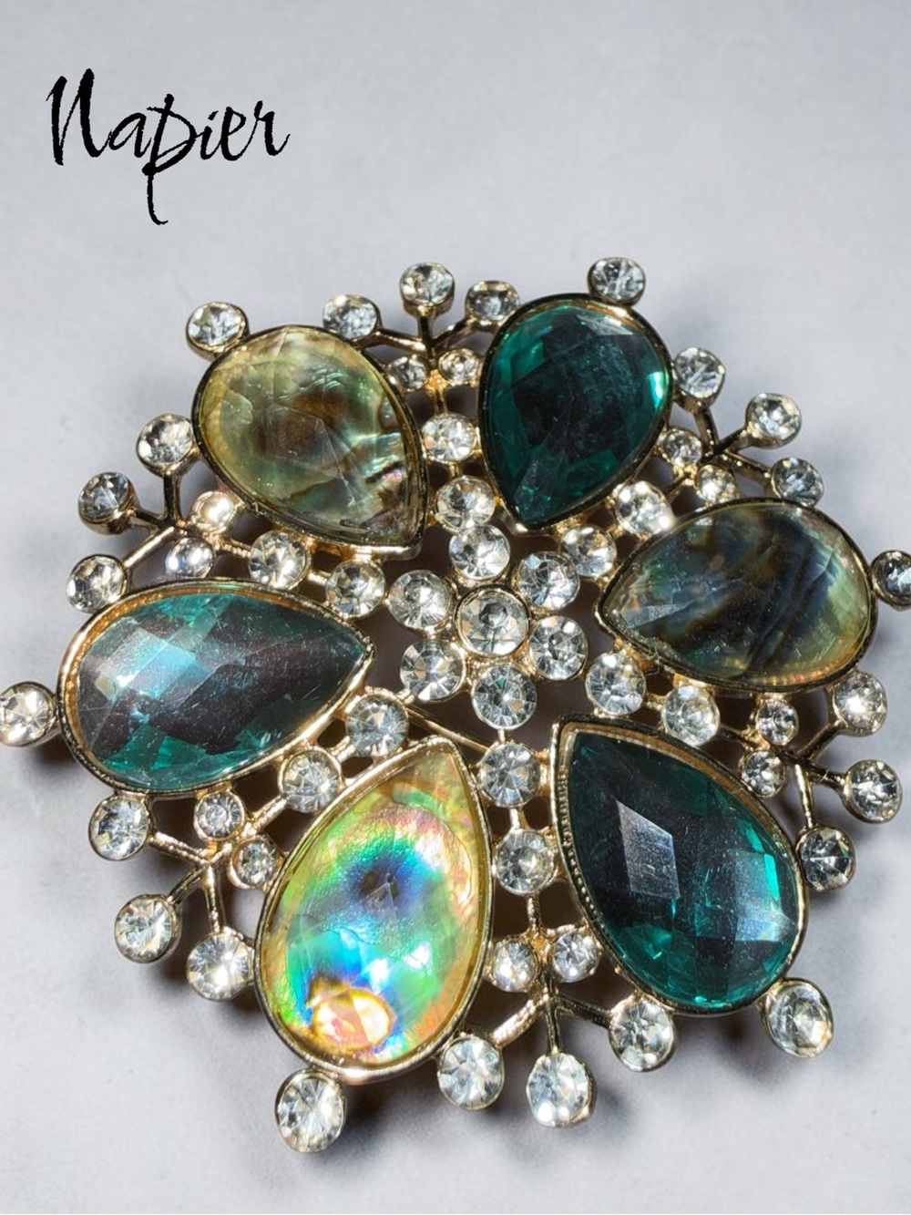Vintage Signed Napier Gold Tone Brooch Pin with Teal Faceted Stones Approx 3”